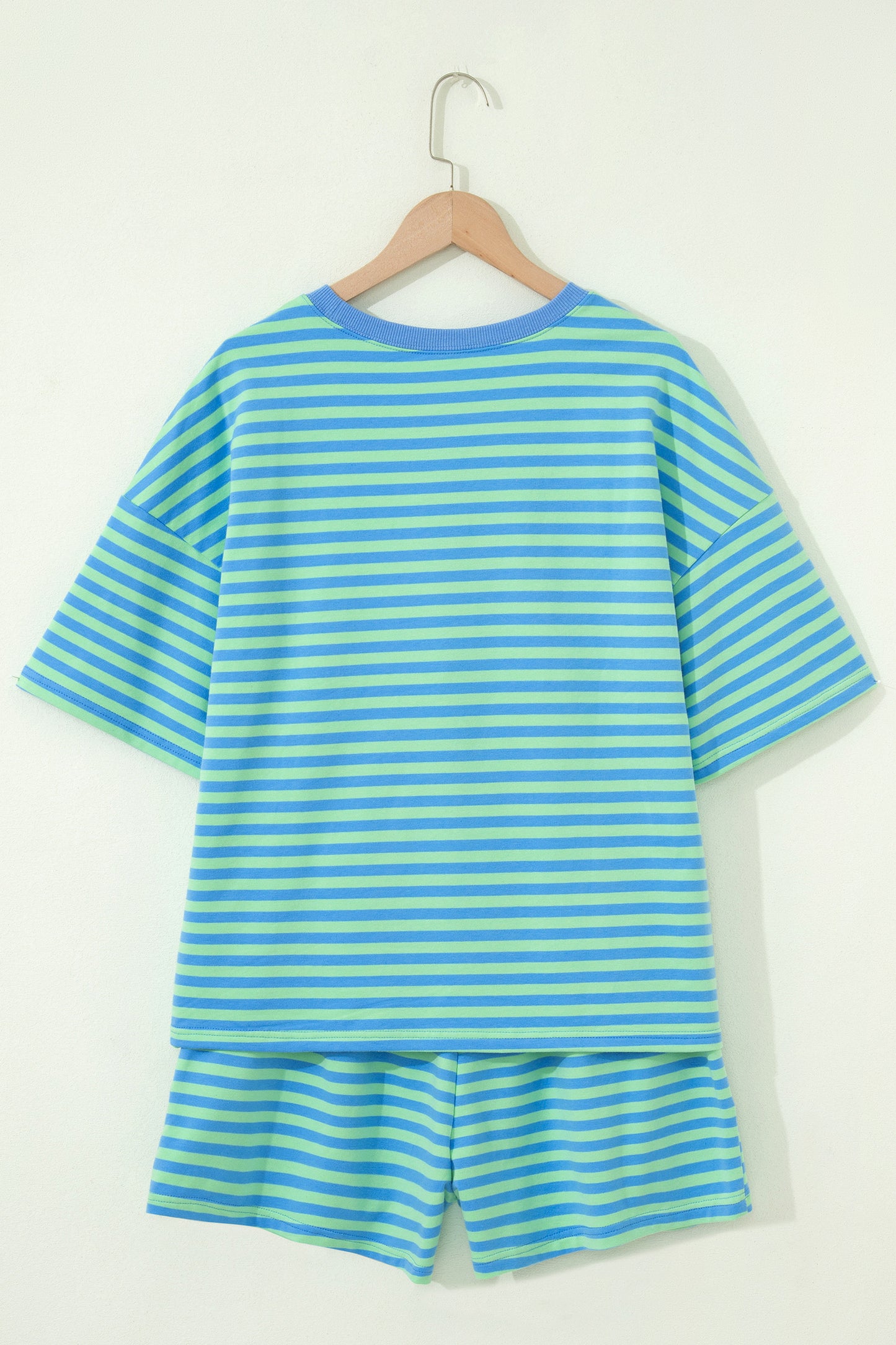 Navy Stripe Striped Ribbed Cotton Two-Piece Short Set with Chest Patch Detail