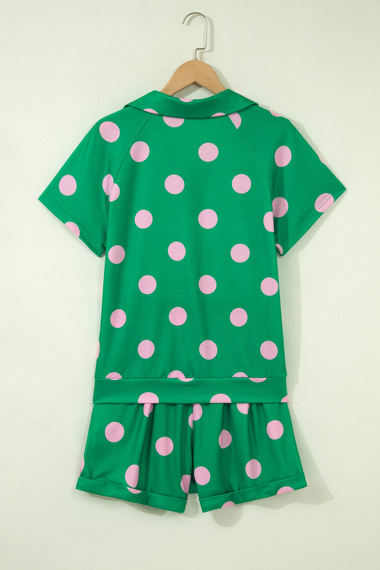 Pink Polka Dot Print V Neck Tee Short Set