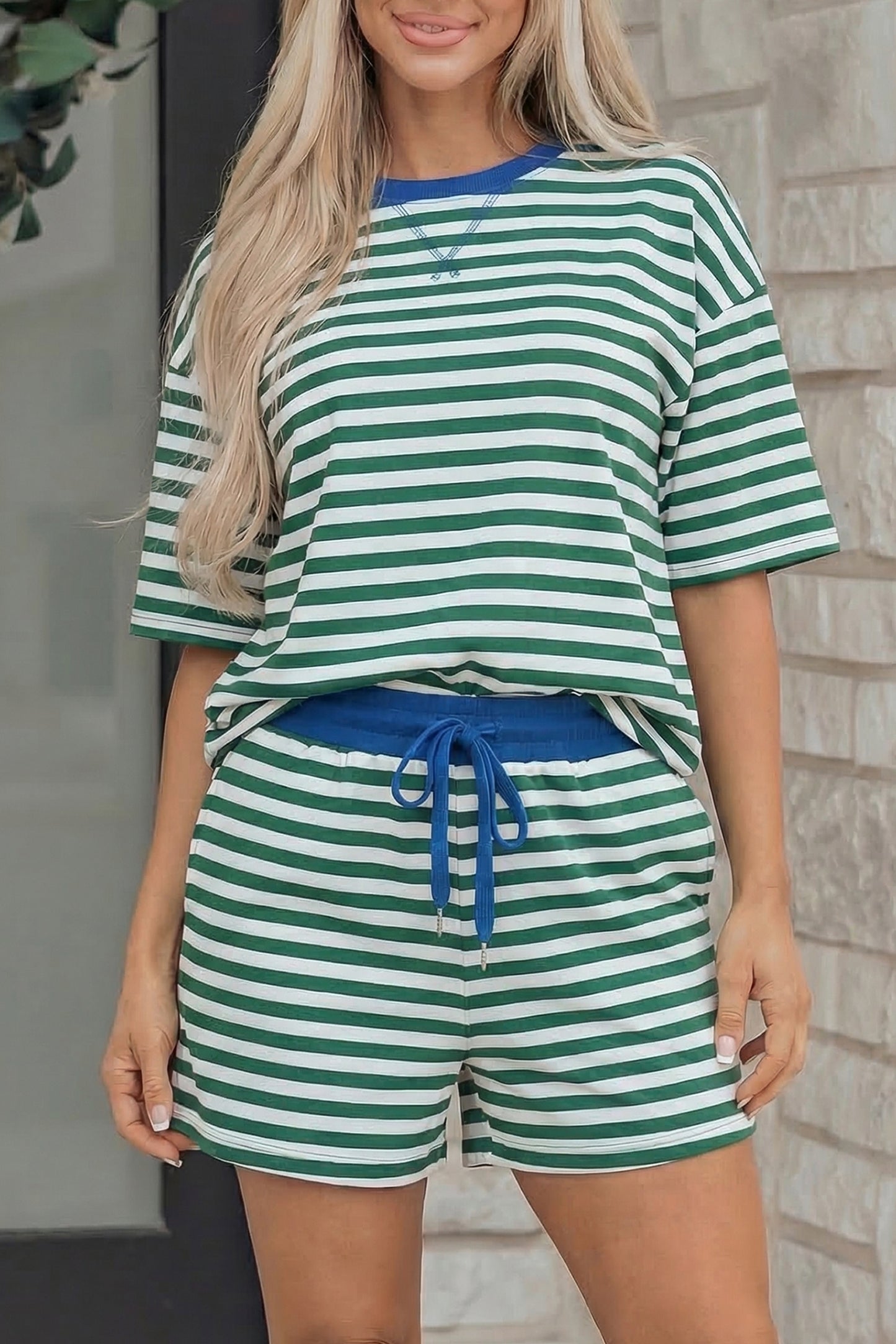 Green Stripe Drop Shoulder Boxy Casual Terry Short Set
