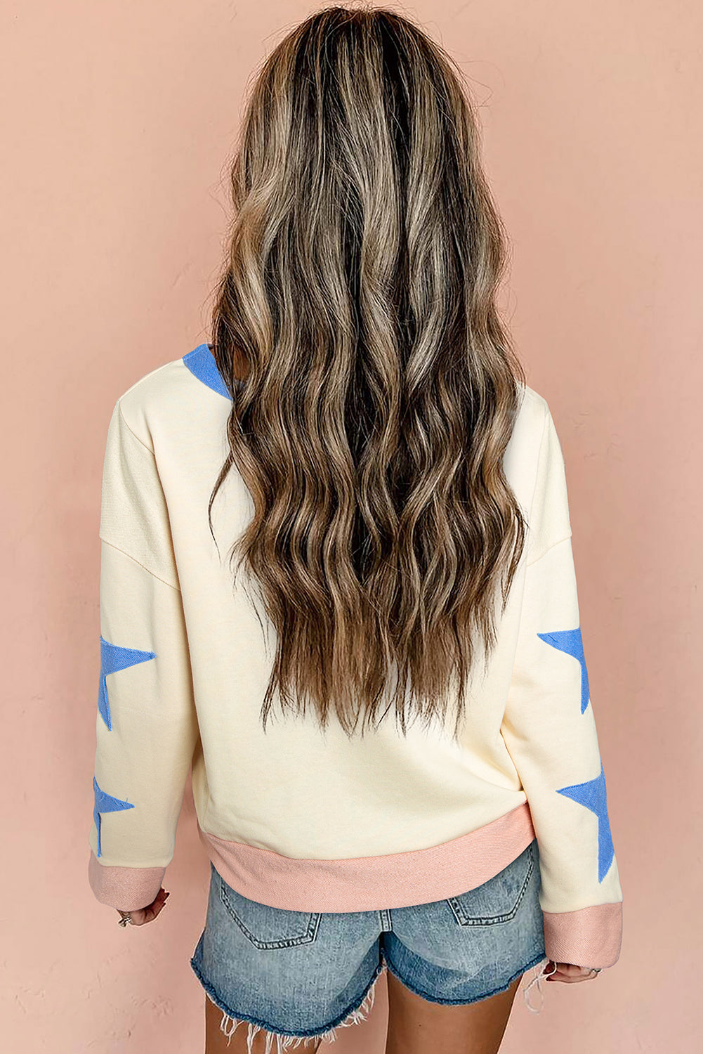 Beige Game Day Sequin Letter Graphic Star Patched Colorblock Sweatshirt
