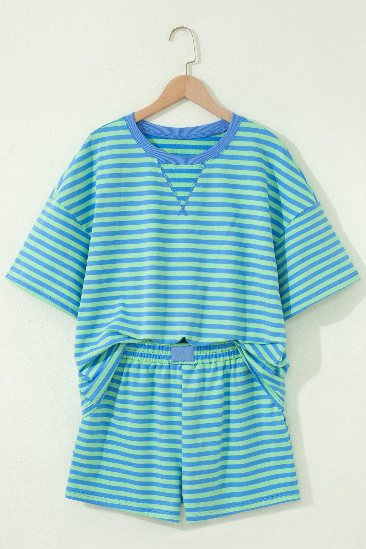 Navy Stripe Striped Ribbed Cotton Two-Piece Short Set with Chest Patch Detail
