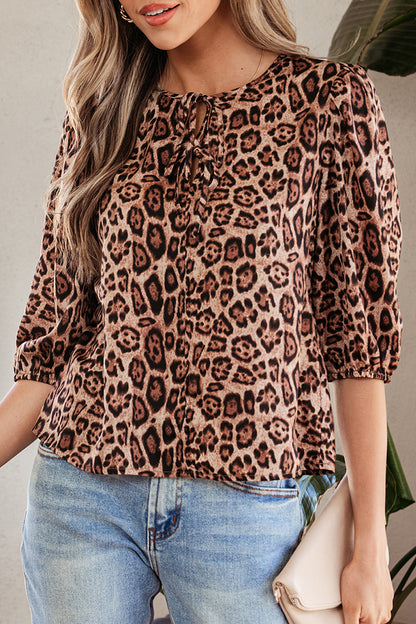 Brown Leopard Bow Tie Puff Sleeve Blouse