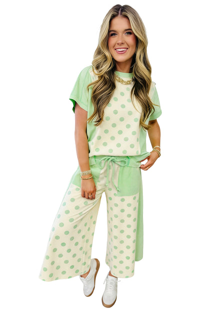 Sky Blue Color Block Patchwork Polka Dot Wide Leg Pant Set