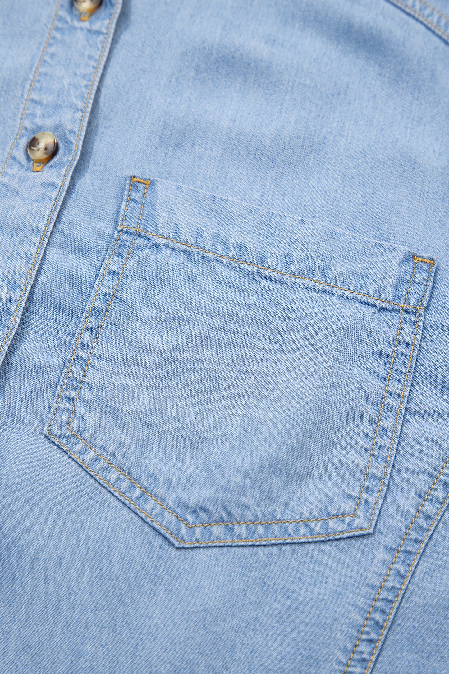 Beau Blue Half Sleeve Button Down Ruffled High Low Chambray Shirt