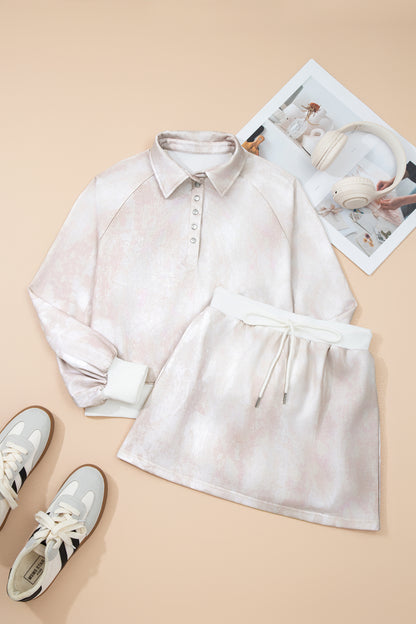 White Abstract Woodland Print Balloon Sleeve Pullover Drawstring Mini Skirt Set