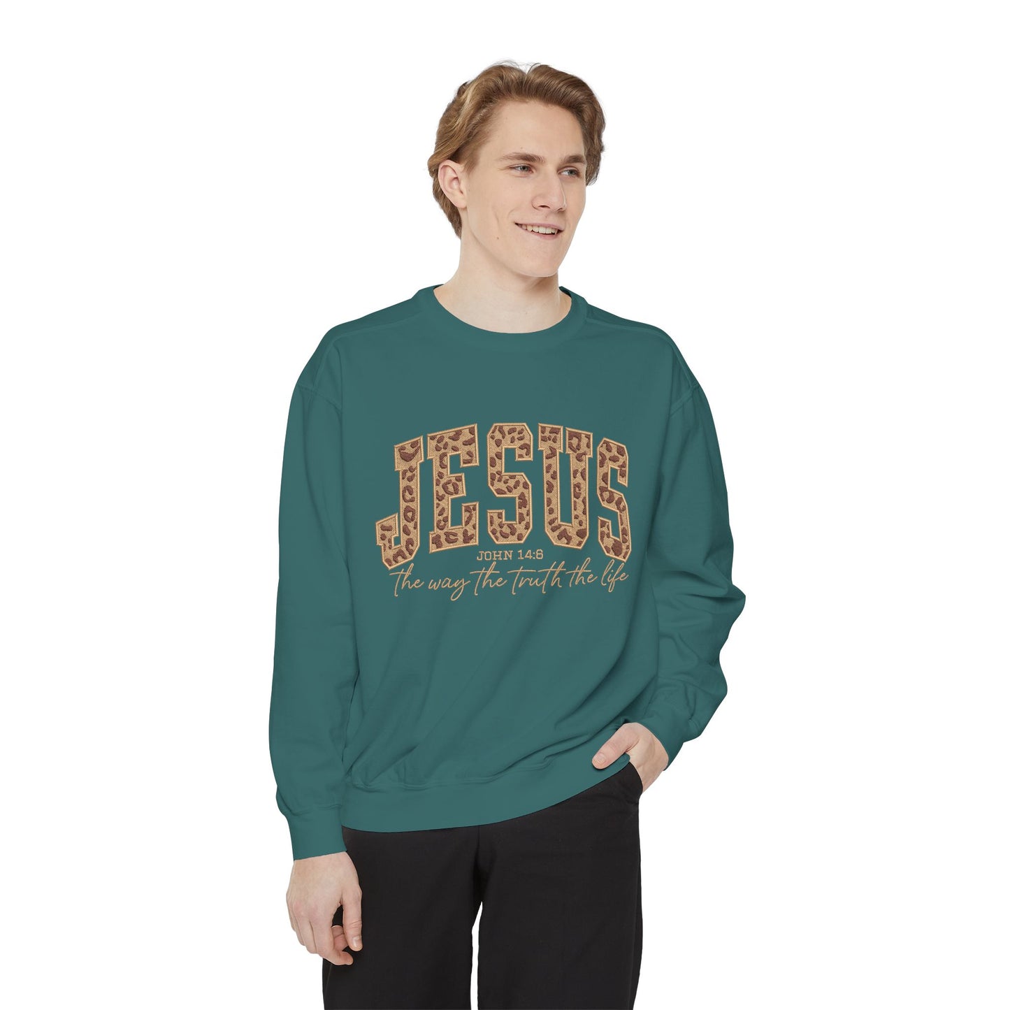 Jesus Leopard Print Sweatshirt — "Jesus: The Way, The Truth, The Life" Christian Crewneck