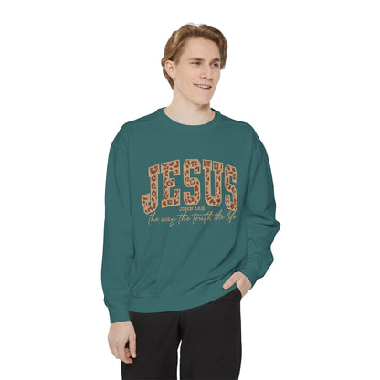 Jesus Leopard Print Sweatshirt — "Jesus: The Way, The Truth, The Life" Christian Crewneck