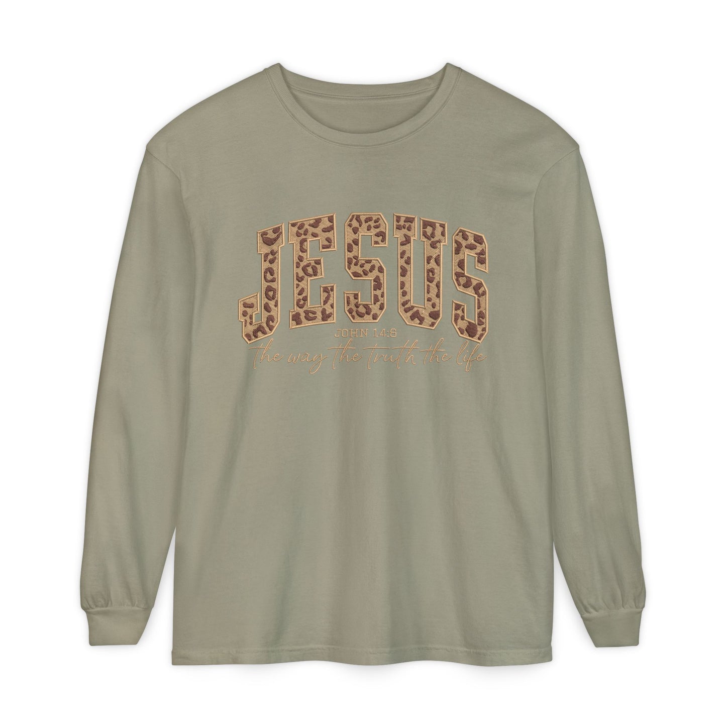 Jesus Leopard Print Long Sleeve Tee — "The Way The Truth The Life" Faith Shirt