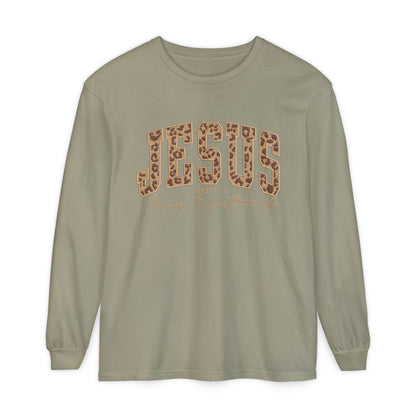 Jesus Leopard Print Long Sleeve Tee — "The Way The Truth The Life" Faith Shirt