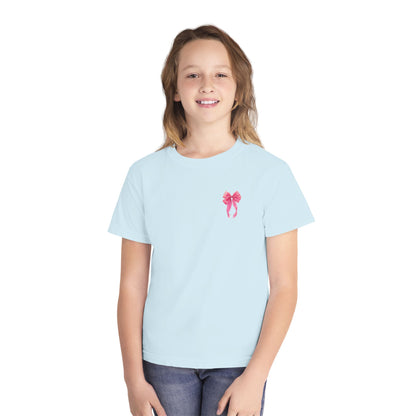 Youth Tee — "God Says I Am" Pink Bows Graphic