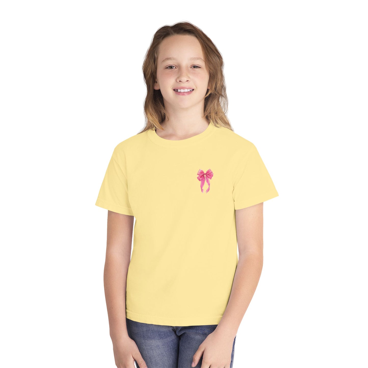 Youth Tee — "God Says I Am" Pink Bows Graphic