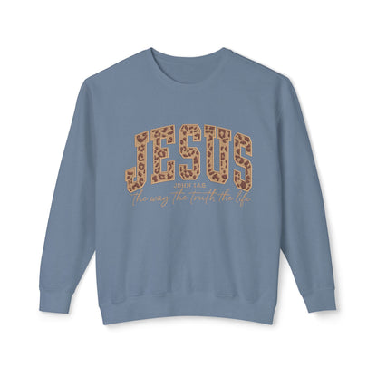 Jesus Leopard Print Crewneck Sweatshirt – Faith-Inspired Graphic Pullover