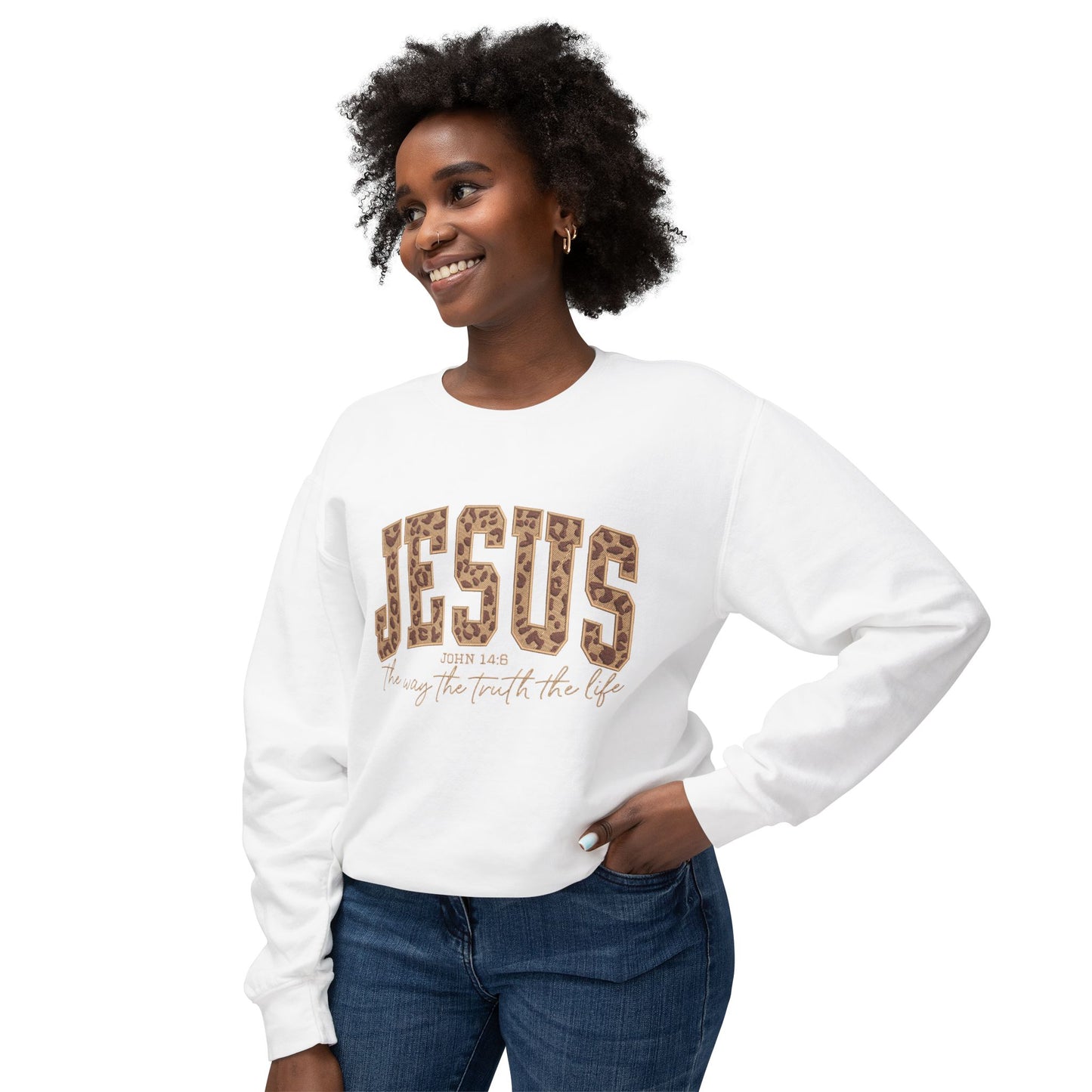 Jesus Leopard Print Crewneck Sweatshirt – Faith-Inspired Graphic Pullover