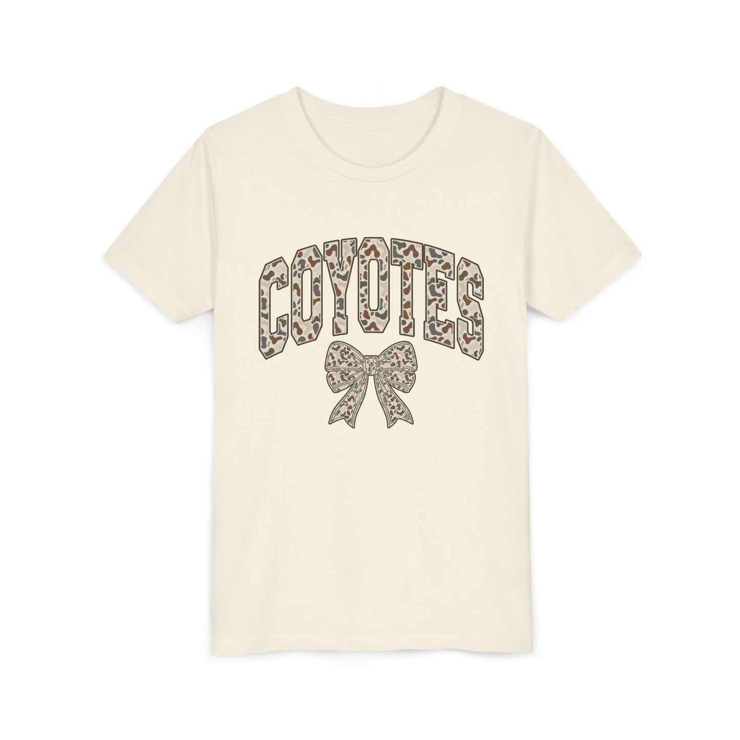 Youth Coyotes CAMO Print Tee with Bow — Girls' School Spirit Shirt