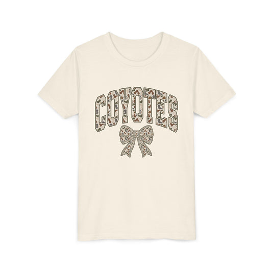 Youth Coyotes CAMO Print Tee with Bow — Girls' School Spirit Shirt