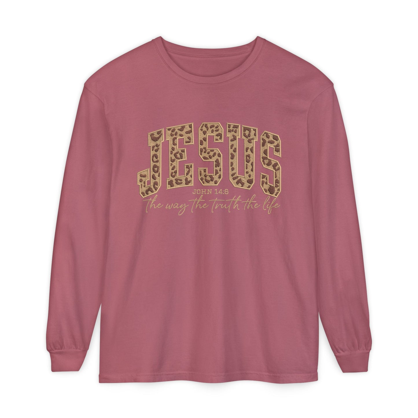 Jesus Leopard Print Long Sleeve Tee — "The Way The Truth The Life" Faith Shirt