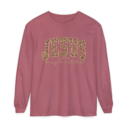 Jesus Leopard Print Long Sleeve Tee — "The Way The Truth The Life" Faith Shirt
