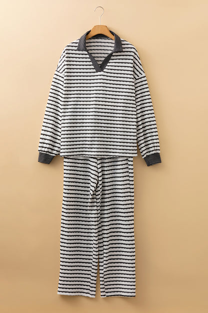 White Stripe Collared Pullover Top and Drawstring Pant Set