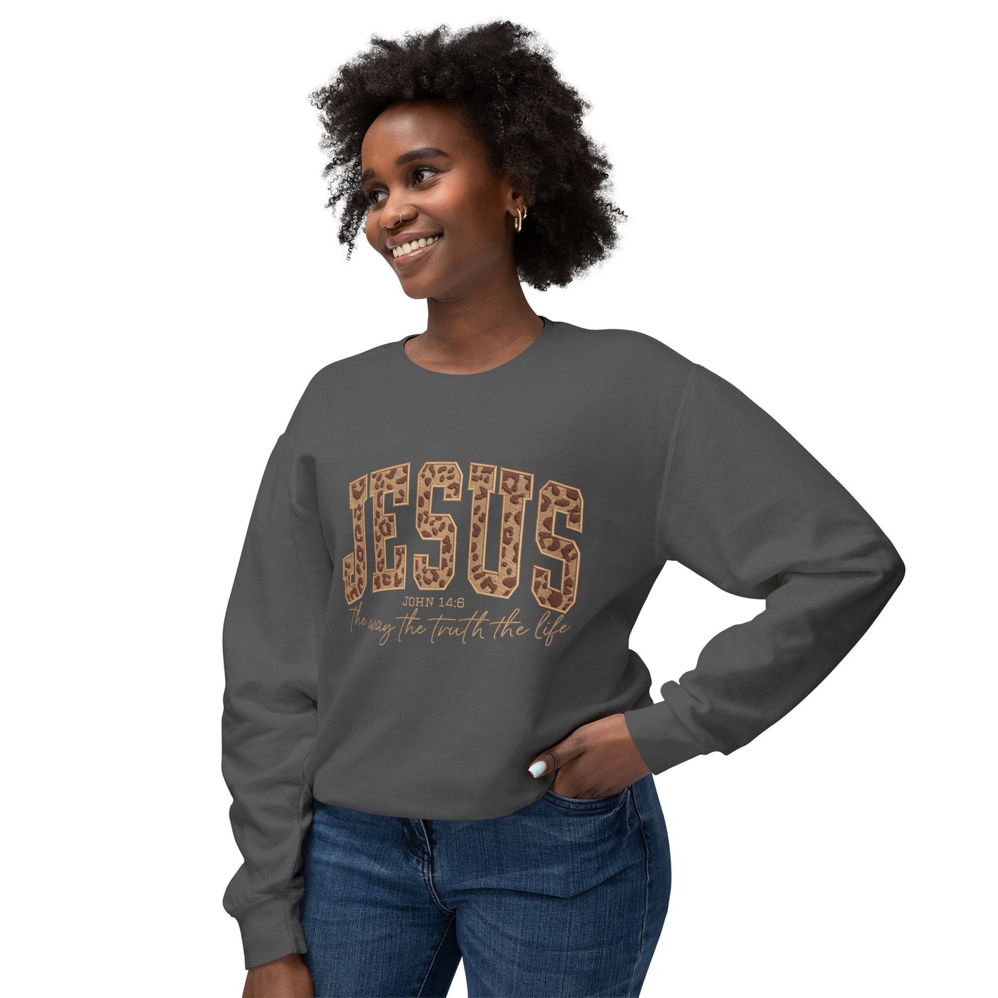 Jesus Leopard Print Crewneck Sweatshirt – Faith-Inspired Graphic Pullover