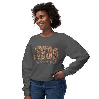 Jesus Leopard Print Crewneck Sweatshirt – Faith-Inspired Graphic Pullover