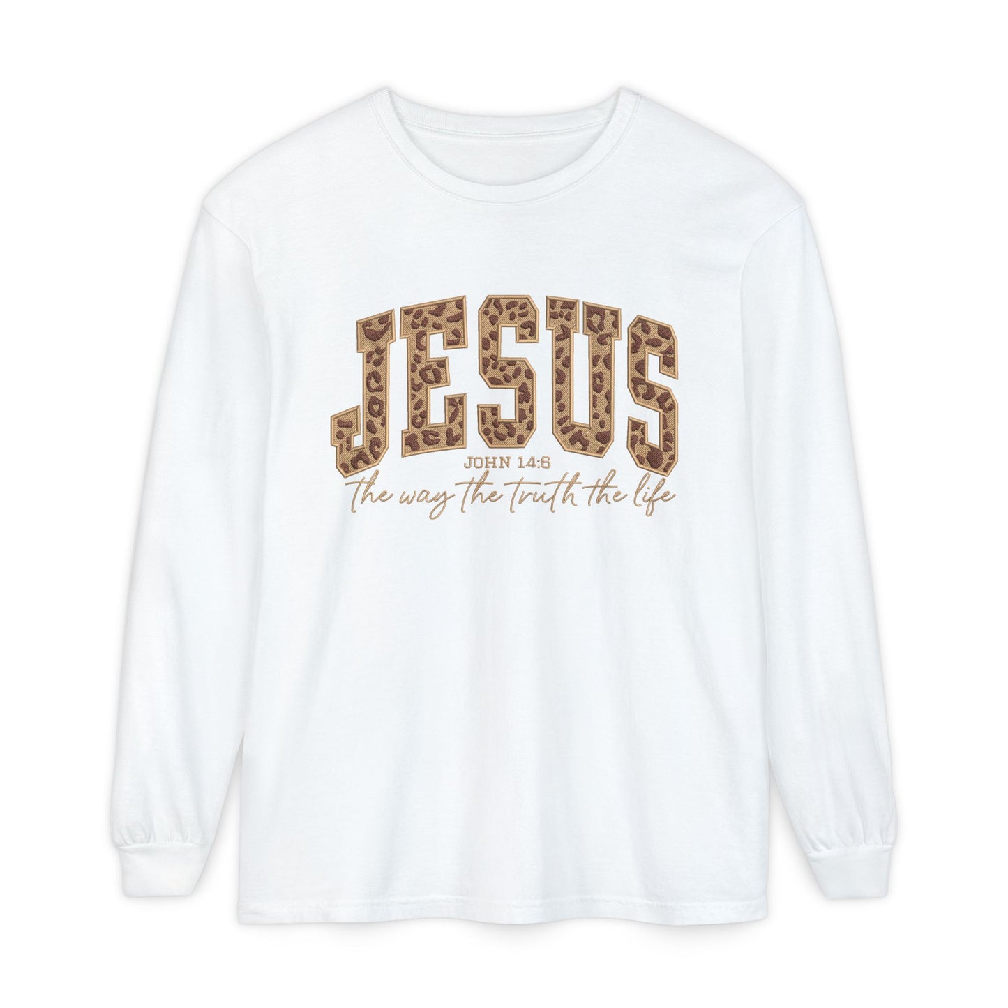 Jesus Leopard Print Long Sleeve Tee — "The Way The Truth The Life" Faith Shirt