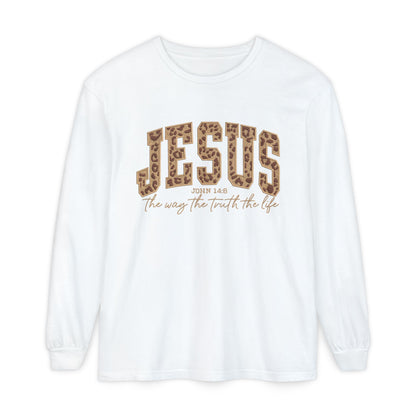 Jesus Leopard Print Long Sleeve Tee — "The Way The Truth The Life" Faith Shirt