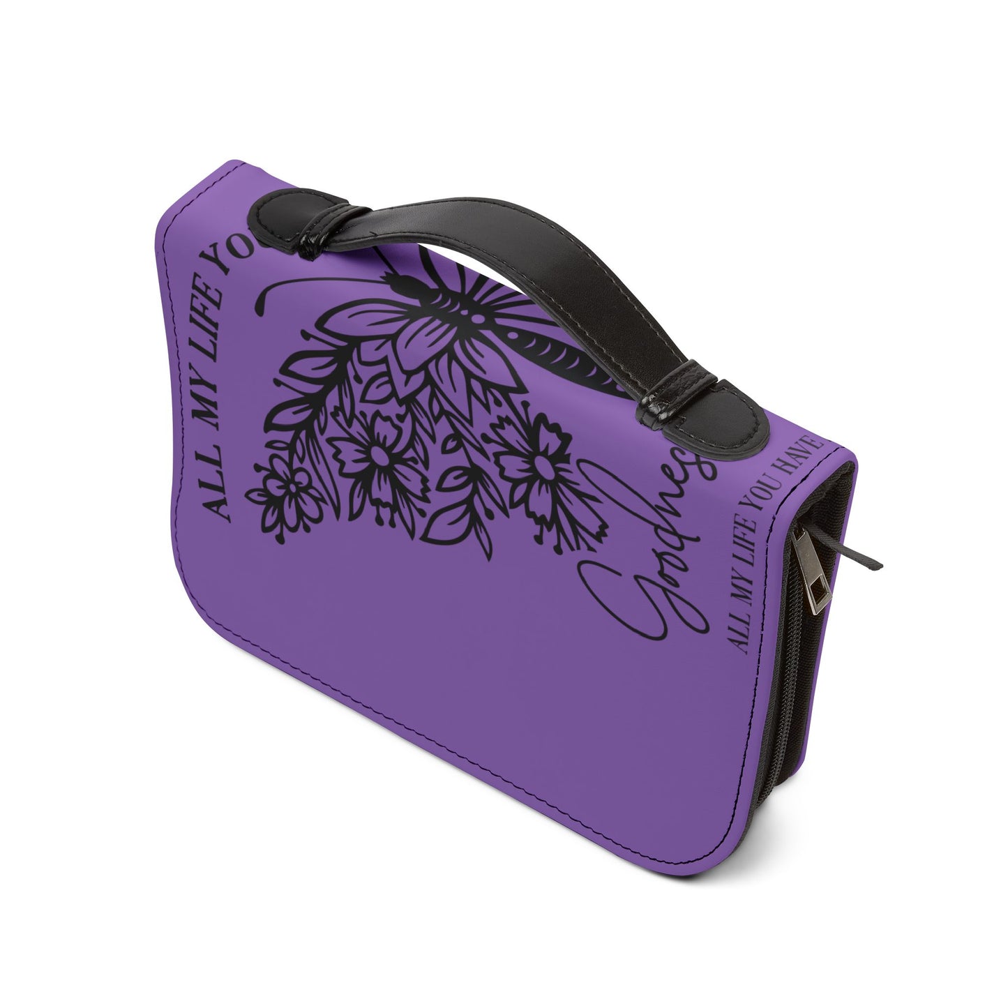 Bible Cover — Purple Butterfly Floral Zippered Bible Case with "All My Life You’ve Been So Good"