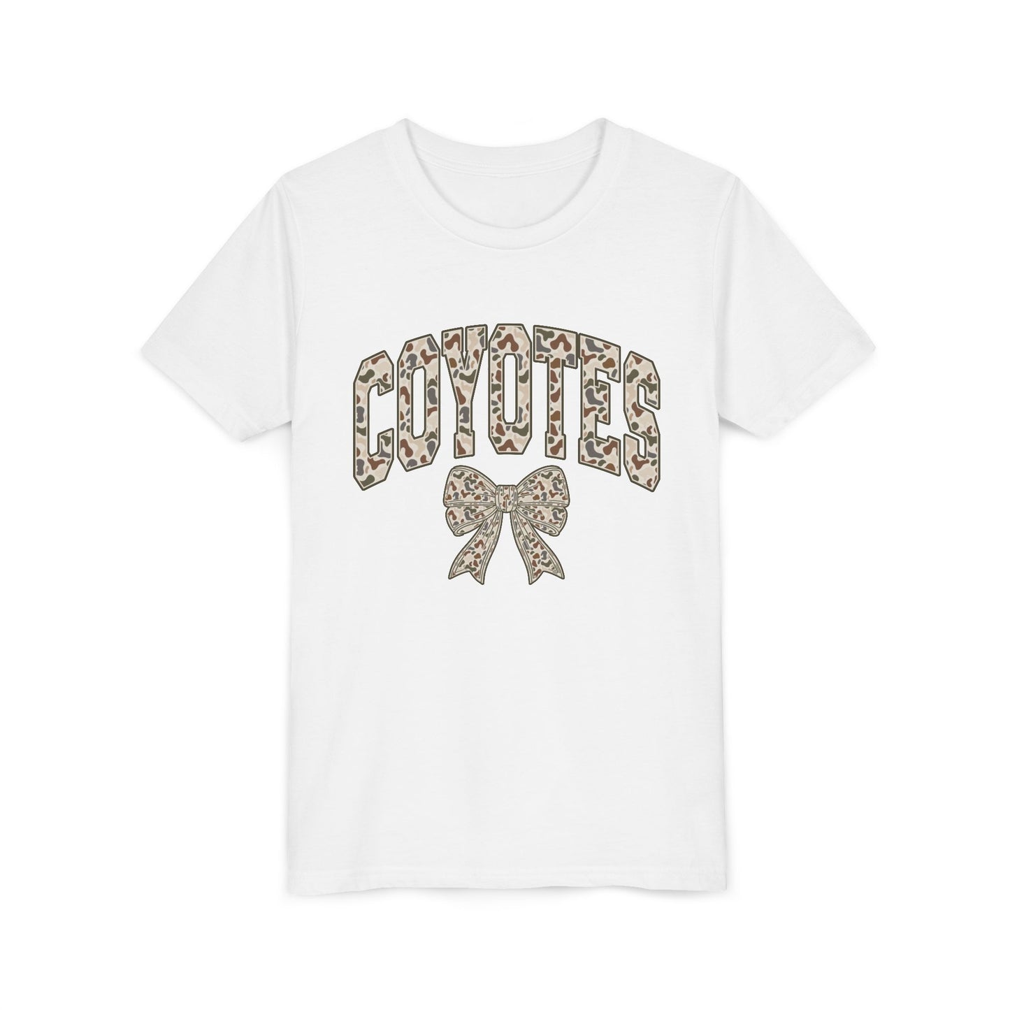 Youth Coyotes CAMO Print Tee with Bow — Girls' School Spirit Shirt