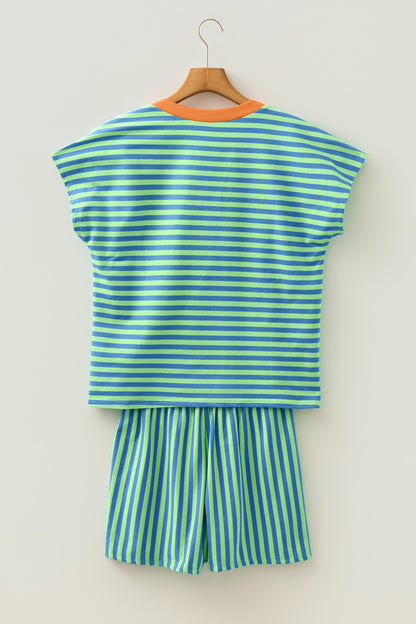 Red Stripe Colorblock Trim V Neck Tee Drawstring Elastic Waist Short Set