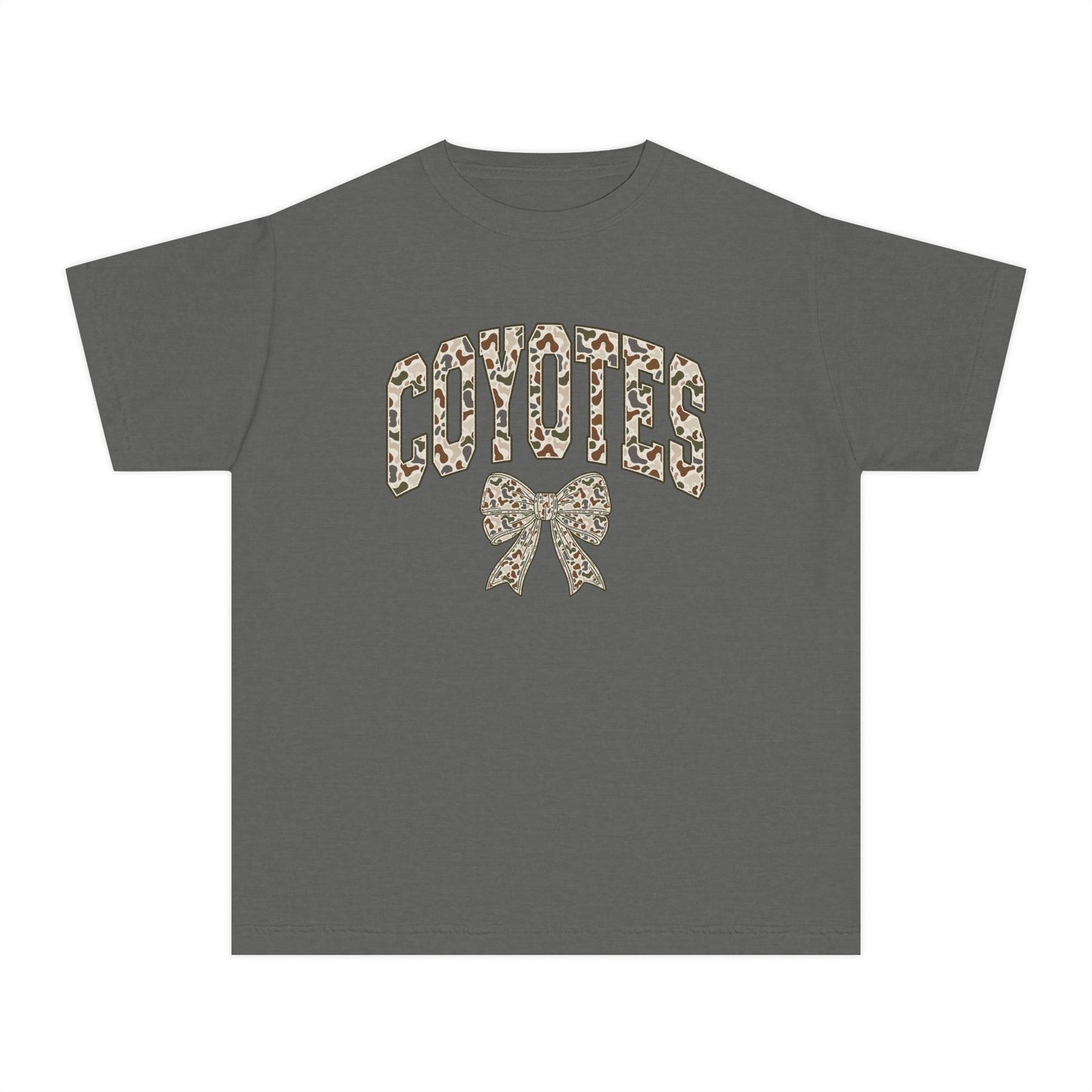 Youth Tee — 'Coyotes' Camo Print Cheer Shirt with Bow