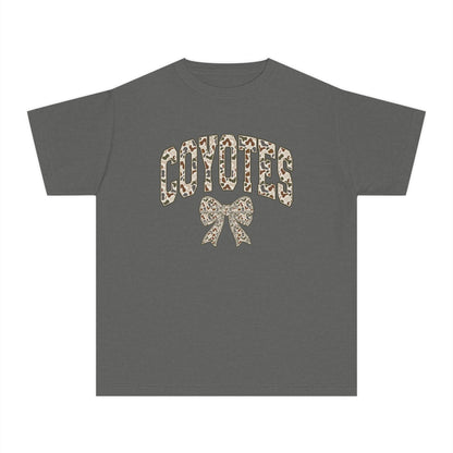 Youth Tee — 'Coyotes' Camo Print Cheer Shirt with Bow