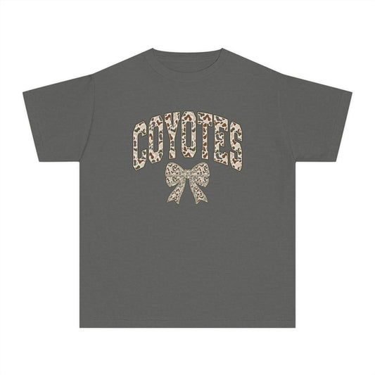 Youth Tee — 'Coyotes' Camo Print Cheer Shirt with Bow