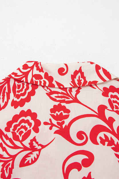 Red Collared V Neck Half Sleeve Loose Flower Mini Dress