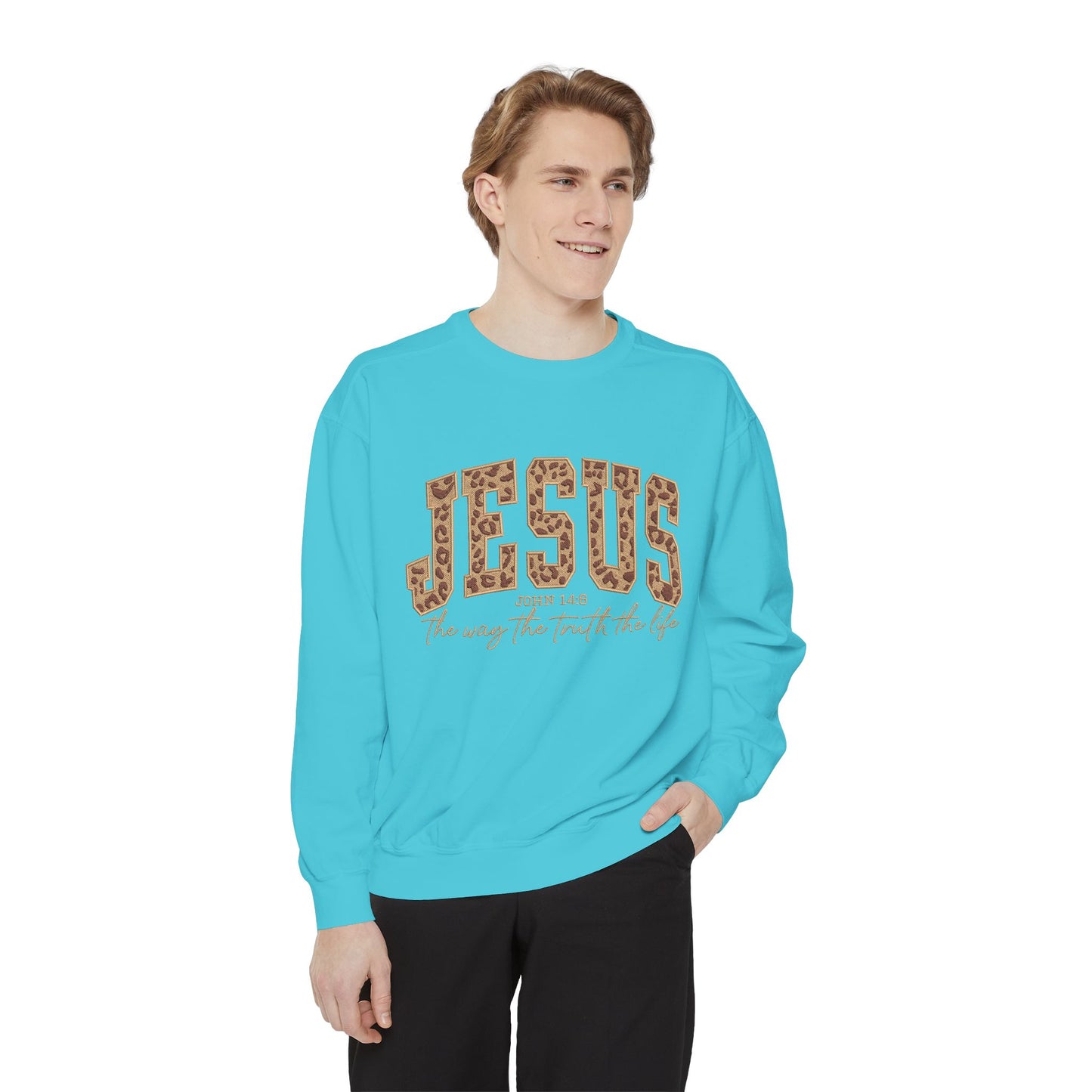 Jesus Leopard Print Sweatshirt — "Jesus: The Way, The Truth, The Life" Christian Crewneck