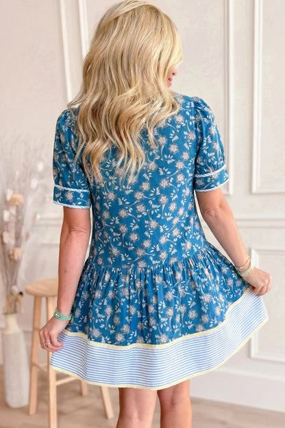 Blue Striped Trim Half Buttons Short Sleeve Floral Dress