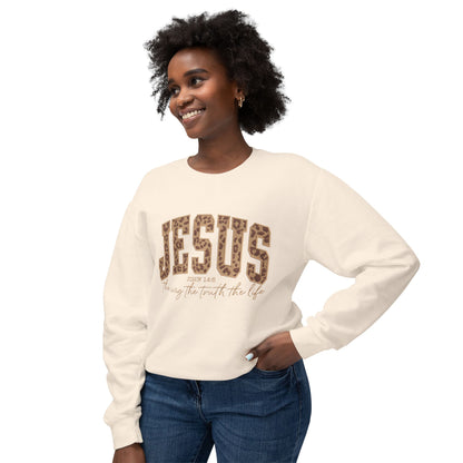 Jesus Leopard Print Crewneck Sweatshirt – Faith-Inspired Graphic Pullover