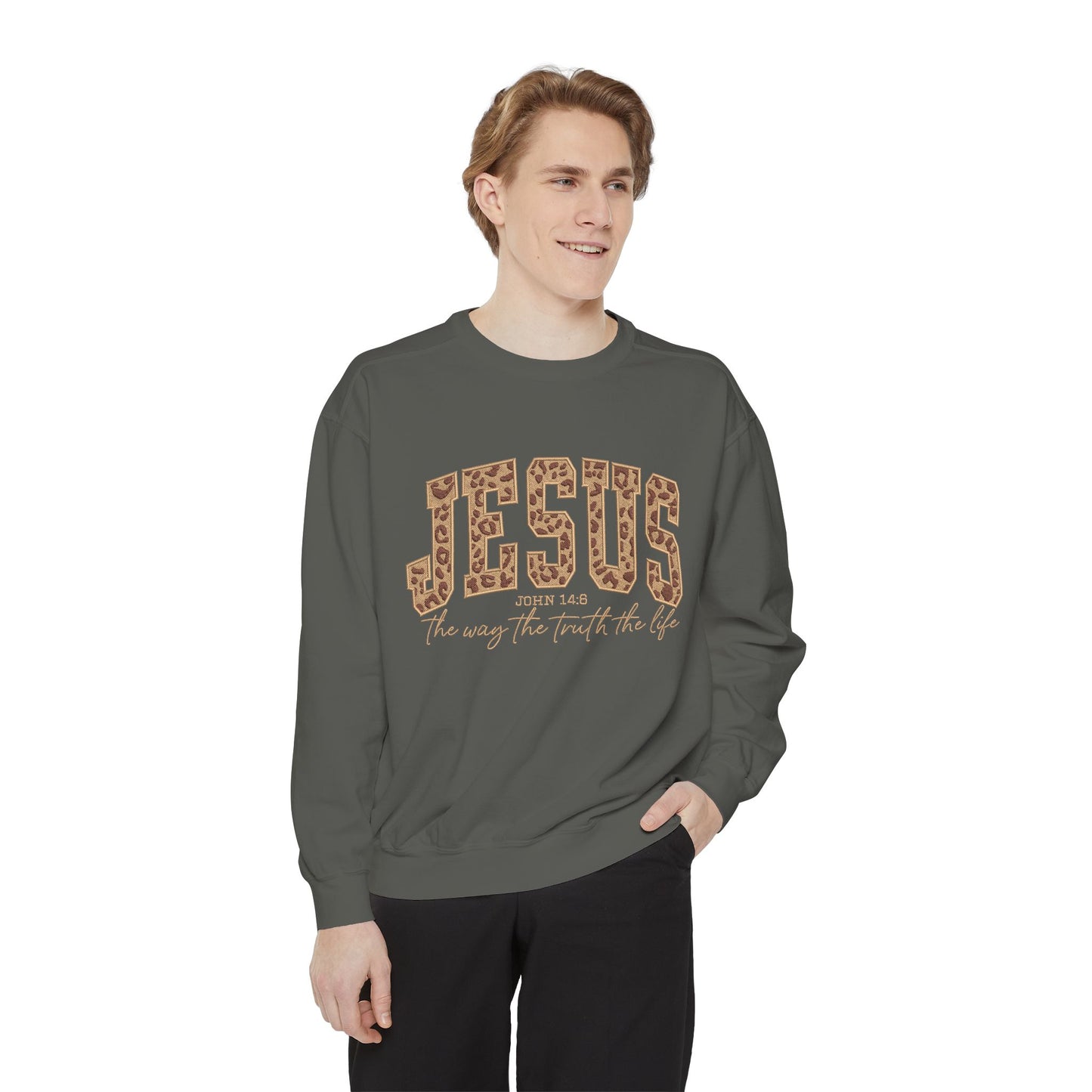 Jesus Leopard Print Sweatshirt — "Jesus: The Way, The Truth, The Life" Christian Crewneck