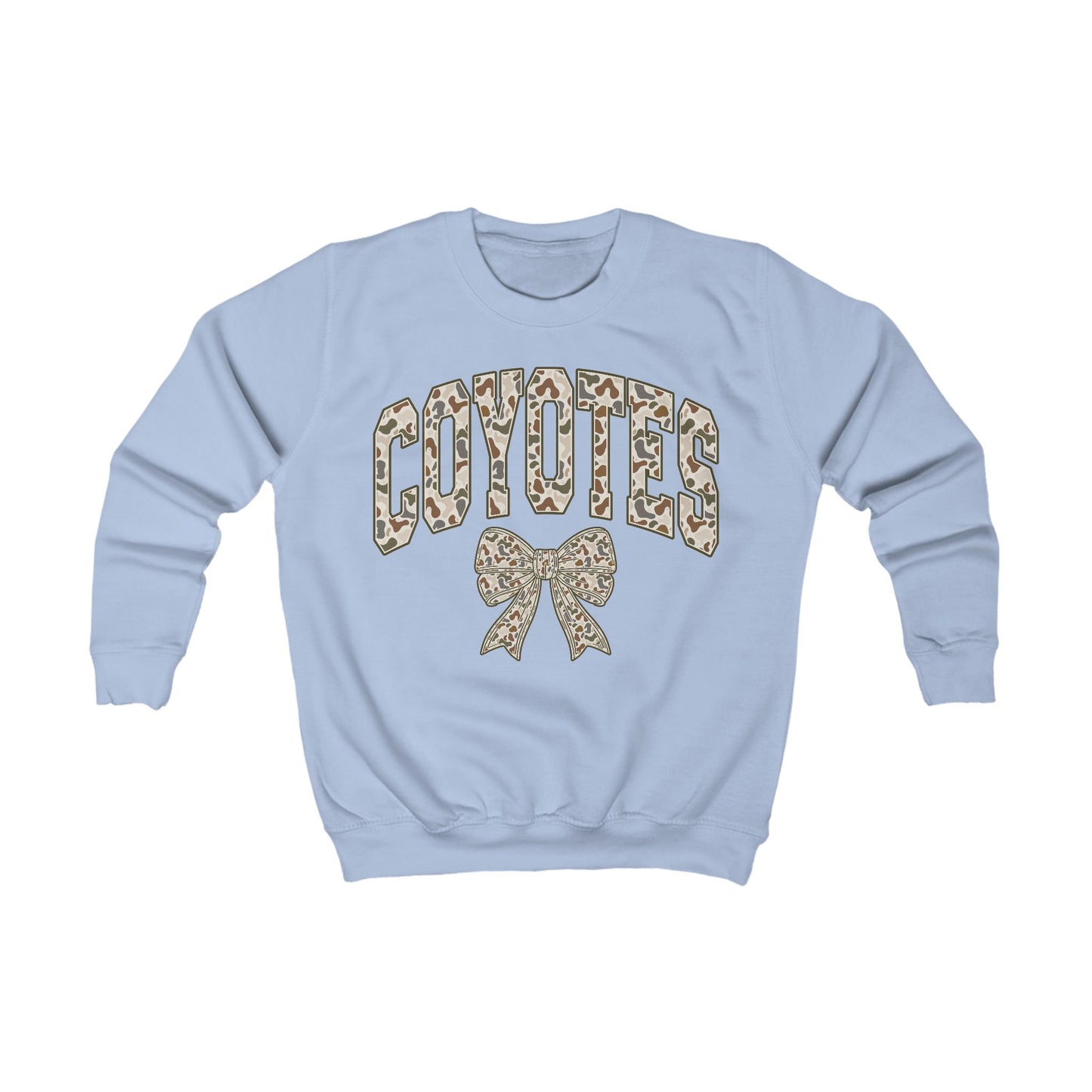 Kids Coyotes Sweatshirt — Camo Print Team Logo with Bow