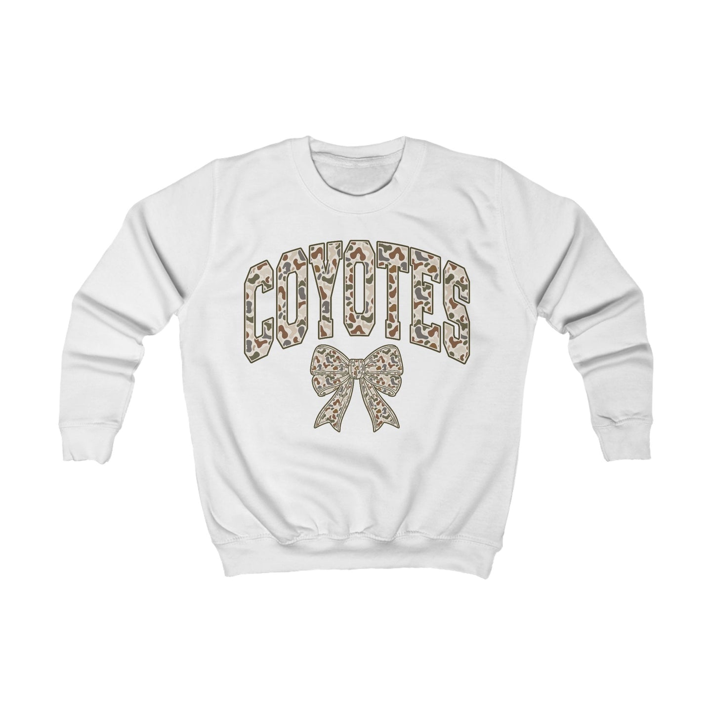 Kids Coyotes Sweatshirt — Camo Print Team Logo with Bow