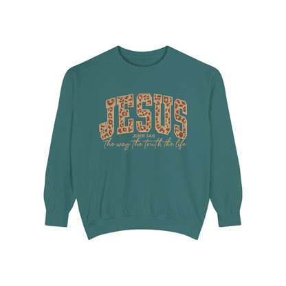 Jesus Leopard Print Sweatshirt — "Jesus: The Way, The Truth, The Life" Christian Crewneck