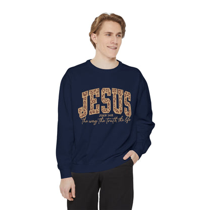 Jesus Leopard Print Sweatshirt — "Jesus: The Way, The Truth, The Life" Christian Crewneck