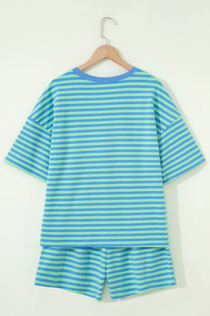 Navy Stripe Striped Ribbed Cotton Two-Piece Short Set with Chest Patch Detail