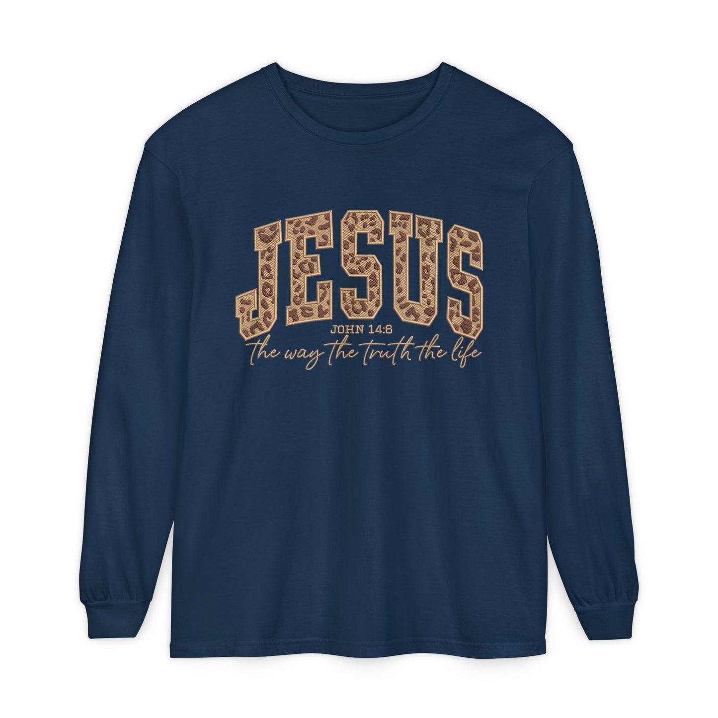 Jesus Leopard Print Long Sleeve Tee — "The Way The Truth The Life" Faith Shirt
