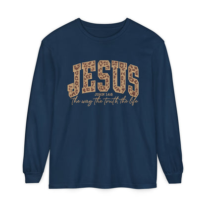Jesus Leopard Print Long Sleeve Tee — "The Way The Truth The Life" Faith Shirt
