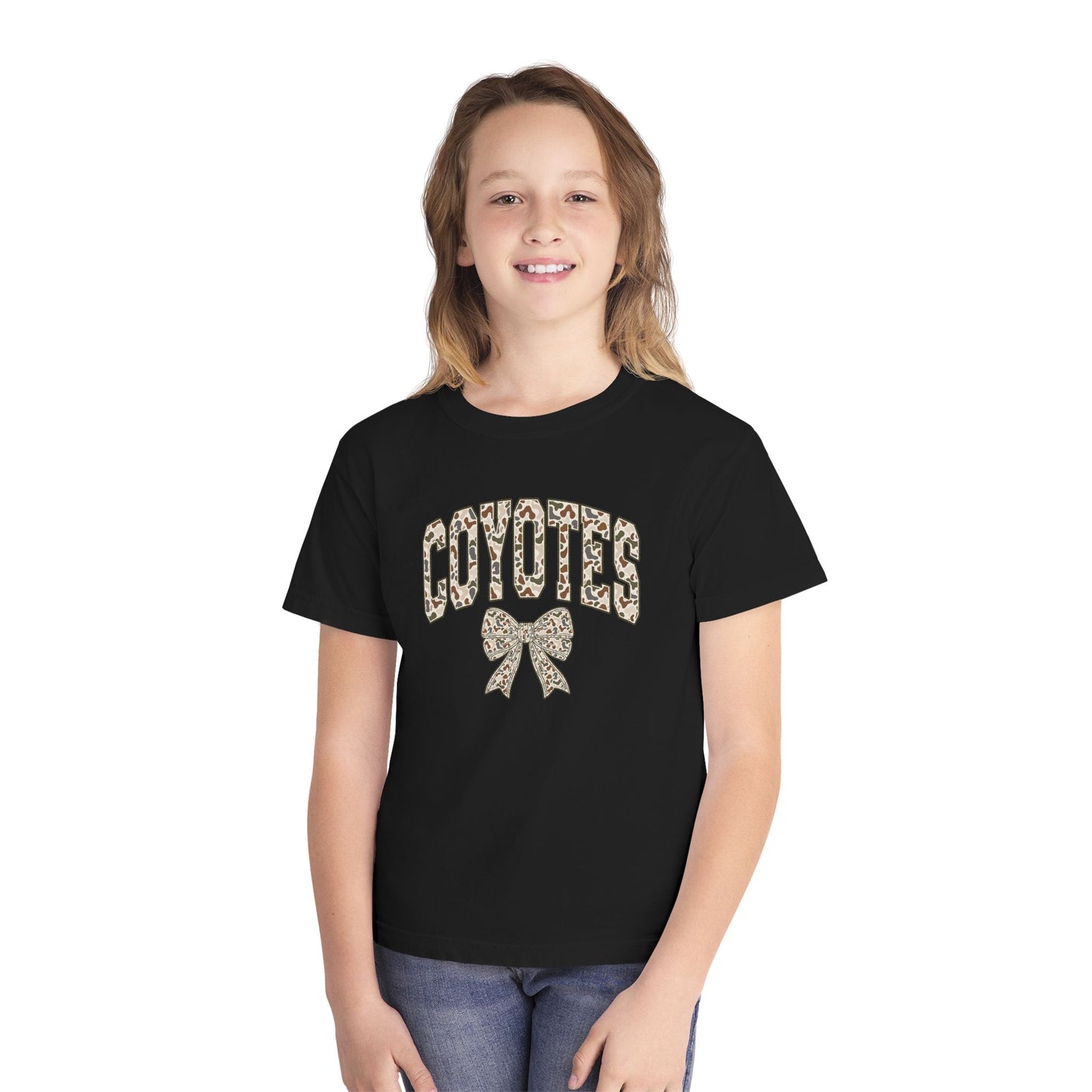 Youth Tee — 'Coyotes' Camo Print Cheer Shirt with Bow
