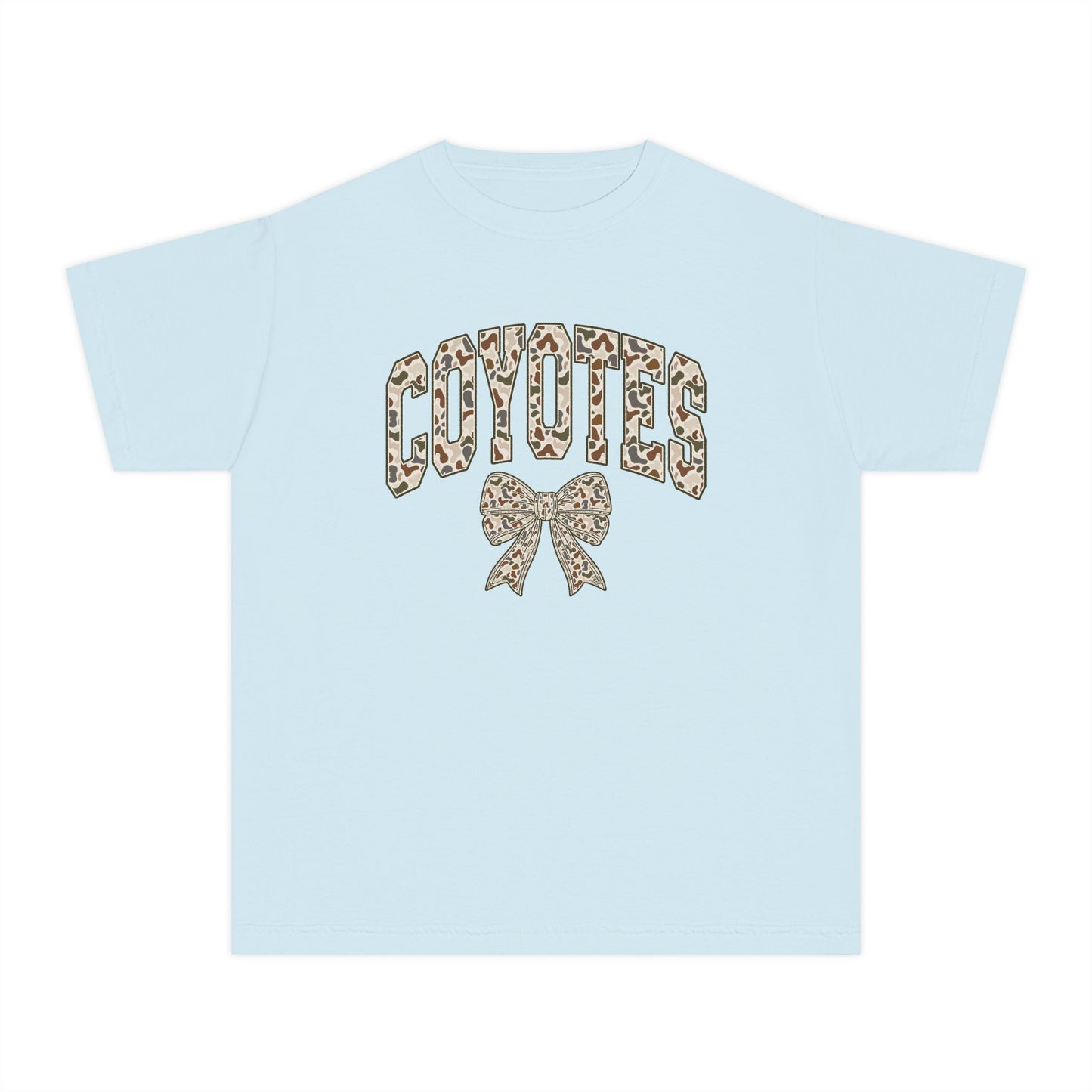 Youth Tee — 'Coyotes' Camo Print Cheer Shirt with Bow