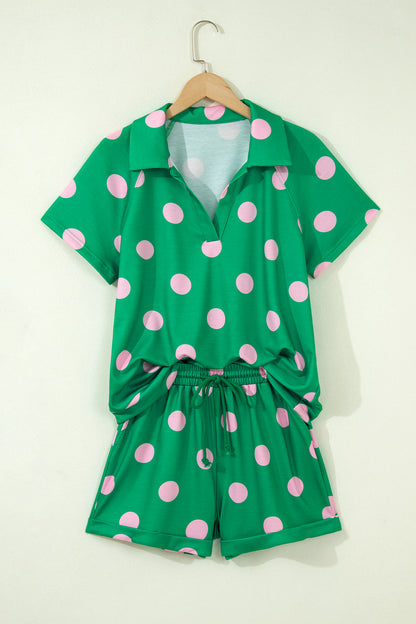 Pink Polka Dot Print V Neck Tee Short Set