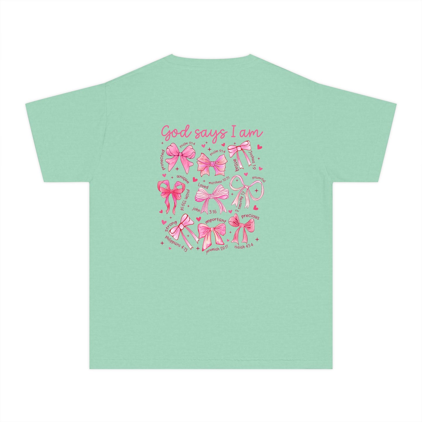 Youth Tee — "God Says I Am" Pink Bows Graphic