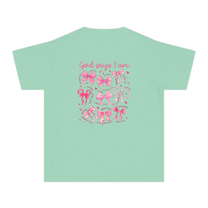 Youth Tee — "God Says I Am" Pink Bows Graphic