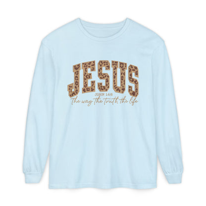 Jesus Leopard Print Long Sleeve Tee — "The Way The Truth The Life" Faith Shirt